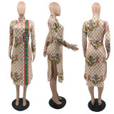 Casual Printed Shirt Collar Slit Midi Dresses