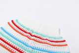 Short Sleeve Striped Patchwork High-Waisted Slim Fit Shorts Knitted Set