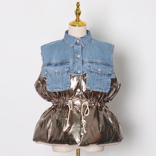 fashion cropped jacket sleeveless patchwork denim waistcoat women cotton-padded clothes