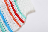 Short Sleeve Striped Patchwork High-Waisted Slim Fit Shorts Knitted Set