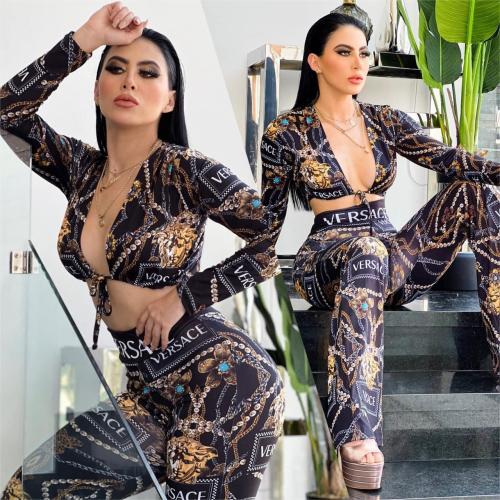 Autumn Fashion Wide-leg Casual Print Retro Pant Set