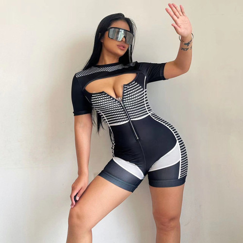 Hollow Out Zipper Short Sleeve Color Blocking and Printed Design Jumpsuits