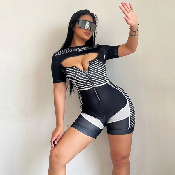 Hollow Out Zipper Short Sleeve Color Blocking and Printed Design Jumpsuits