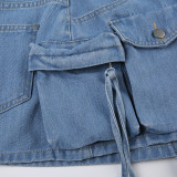 Asymmetric Big Pockets and High Waist Denim Skirt