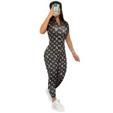 Trendy Print Short Sleeve Zipper Ladies Bodysuit Elastic Long Jumpsuits