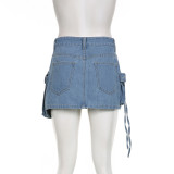 Asymmetric Big Pockets and High Waist Denim Skirt