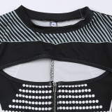 Hollow Out Zipper Short Sleeve Color Blocking and Printed Design Jumpsuits