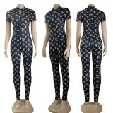 Trendy Print Short Sleeve Zipper Ladies Bodysuit Elastic Long Jumpsuits