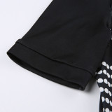 Hollow Out Zipper Short Sleeve Color Blocking and Printed Design Jumpsuits