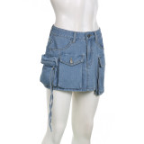 Asymmetric Big Pockets and High Waist Denim Skirt
