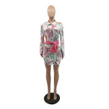 Elegant Branded Clothings Printed Long Sleeve tie Shirt Dresses