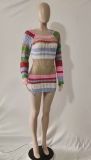 Hollow Out Design Seductive Color-Block Knit Striped Long-Sleeve Short Dress