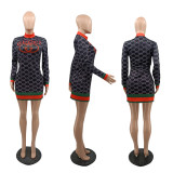 Casual Color Contrast Printed Long Sleeve Mini Dresses