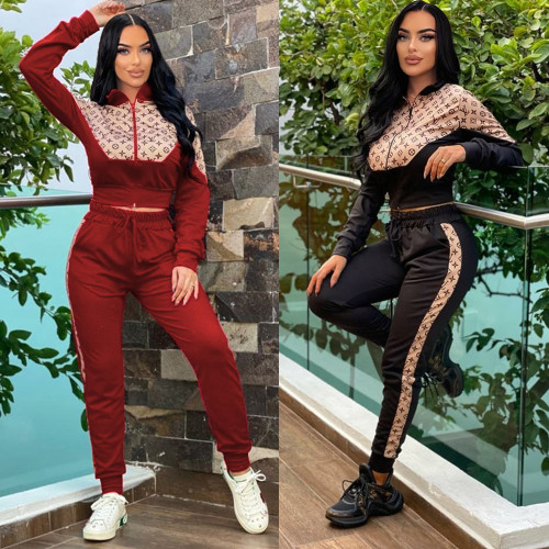 Casual High Neck Printed Stitching Long Sleeve Trousers Zipper Two-piece Set