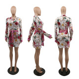 Elegant Branded Clothings Printed Long Sleeve tie Shirt Dresses