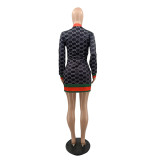 Casual Color Contrast Printed Long Sleeve Mini Dresses