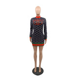 Casual Color Contrast Printed Long Sleeve Mini Dresses