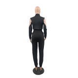 Casual High Neck Printed Stitching Long Sleeve Trousers Zipper Two-piece Set