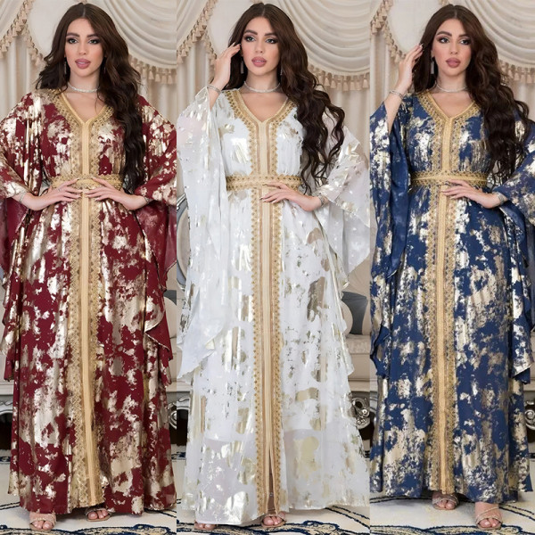 Gold Ironing Muslim Chiffon Long Robe with Waist Belt