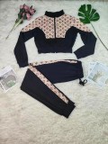 Casual High Neck Printed Stitching Long Sleeve Trousers Zipper Two-piece Set