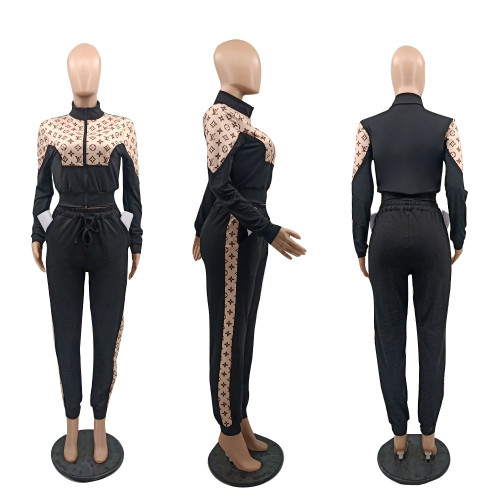Casual High Neck Printed Stitching Long Sleeve Trousers Zipper Two-piece Set