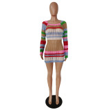 Hollow Out Design Seductive Color-Block Knit Striped Long-Sleeve Short Dress