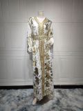 Gold Ironing Muslim Chiffon Long Robe with Waist Belt