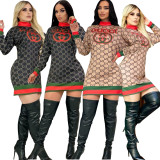 Casual Color Contrast Printed Long Sleeve Mini Dresses