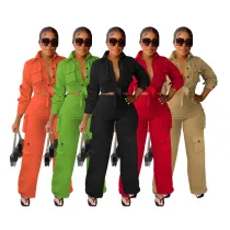 Solid Color Long Sleeves Single-breasted Wide Legs Trousers Two Piece Set
