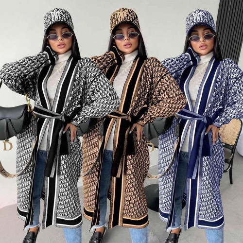 Autumn/winter Warm Fashion Print Thickened Long Sleeve Long Hoodie Cardigan Coat with belt