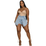 Denim Button Fake Two Piece Elastic Waist Skirt Shorts
