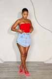 Denim Button Fake Two Piece Elastic Waist Skirt Shorts