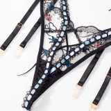 Embroidered Garter Belt with Steel Rings Three-Piece Set