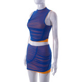Sheer Mesh Splice Sleeveless Top and Short Skirt Set