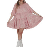 Loose Fit Short Sleeves and Pleated Round Neckline Shimmering Mini Dress