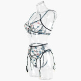Embroidered Garter Belt with Steel Rings Three-Piece Set