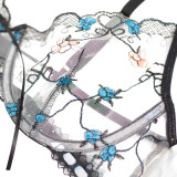 Embroidered Garter Belt with Steel Rings Three-Piece Set