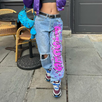 High-Waisted Non-Stretch Vintage Print Denim Jeans