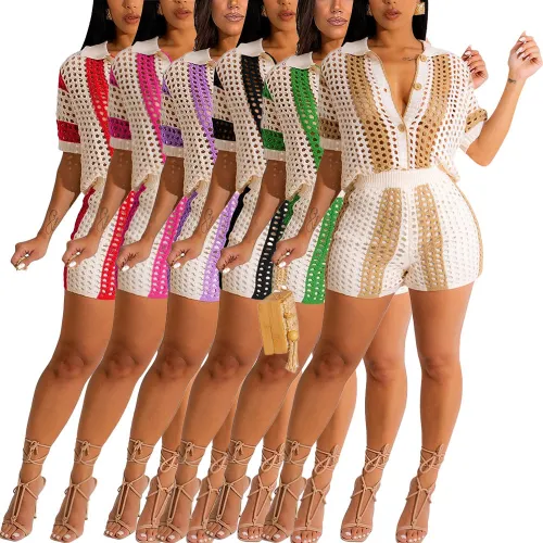 Short Sets Women 2 Piece Outfits Knit Color Block Short Sleeve Button Down Shirt and Shorts Set
