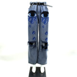 Big-Eyed Print High-Waisted Non-Stretch Ripped Straight Jeans