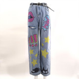 Fashionable  Low Waist Retro Printed Straight Leg Jeans
