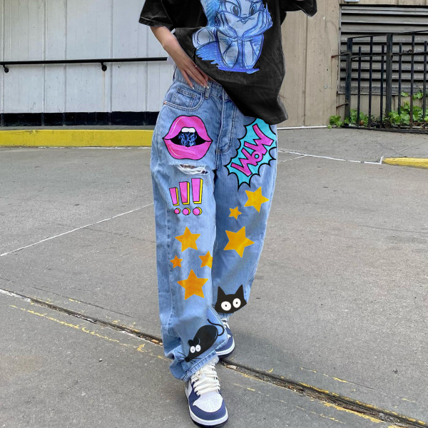 Fashionable Low Waist Retro Printed Straight Leg Jeans