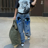 Big-Eyed Print High-Waisted Non-Stretch Ripped Straight Jeans
