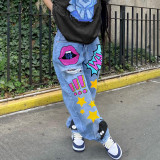 Fashionable  Low Waist Retro Printed Straight Leg Jeans