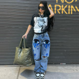 Big-Eyed Print High-Waisted Non-Stretch Ripped Straight Jeans