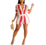 Short Sets Women 2 Piece Outfits Knit Color Block Short Sleeve Button Down Shirt and Shorts Set