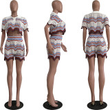 Women Knitting Casual Stripe Short Sleeve Top and Shorts Two Piece Set