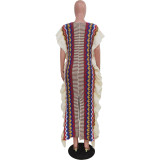 Women's Ruffled Knitting Striped Slit Maxi Dress
