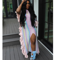 Women's Ruffled Knitting Striped Slit Maxi Dress