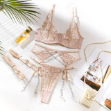Metallic Chain Embroidery with Leg Garter Four-Piece Sexy Lingerie Set